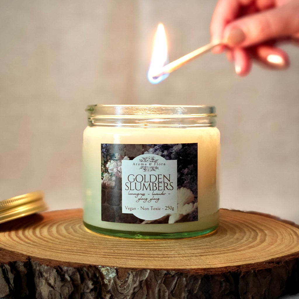Golden Slumbers aromatherapy candle with lavender and lemongrass essential oils