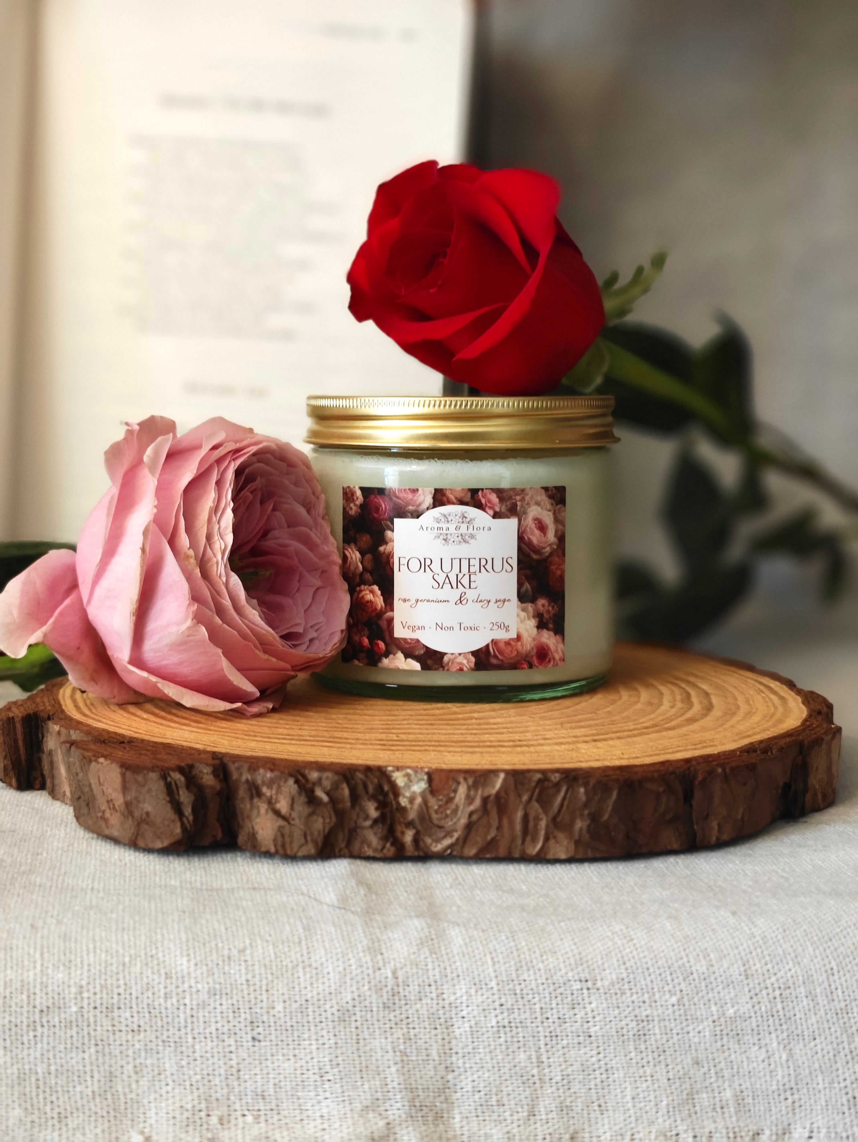 Golden Slumbers candle in clear glass jar for women's wellness